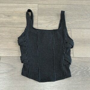 GILDED INTENT Washed Black Textured Ribbed Square Neck Cropped Tank Top Size XS